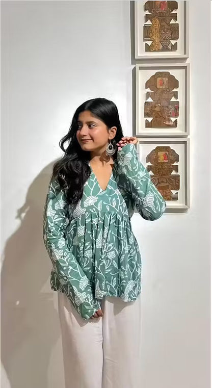 New Stylish Mint Green Floral V-Neck Top